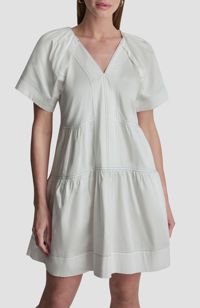 DKNY Topstitch Detail Stretch Cotton Tiered Minidress, Alternate, color, White