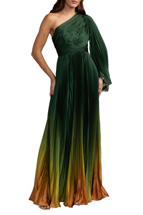 Pleated Charmeuse One-Shoulder Flare Sleeve Gown