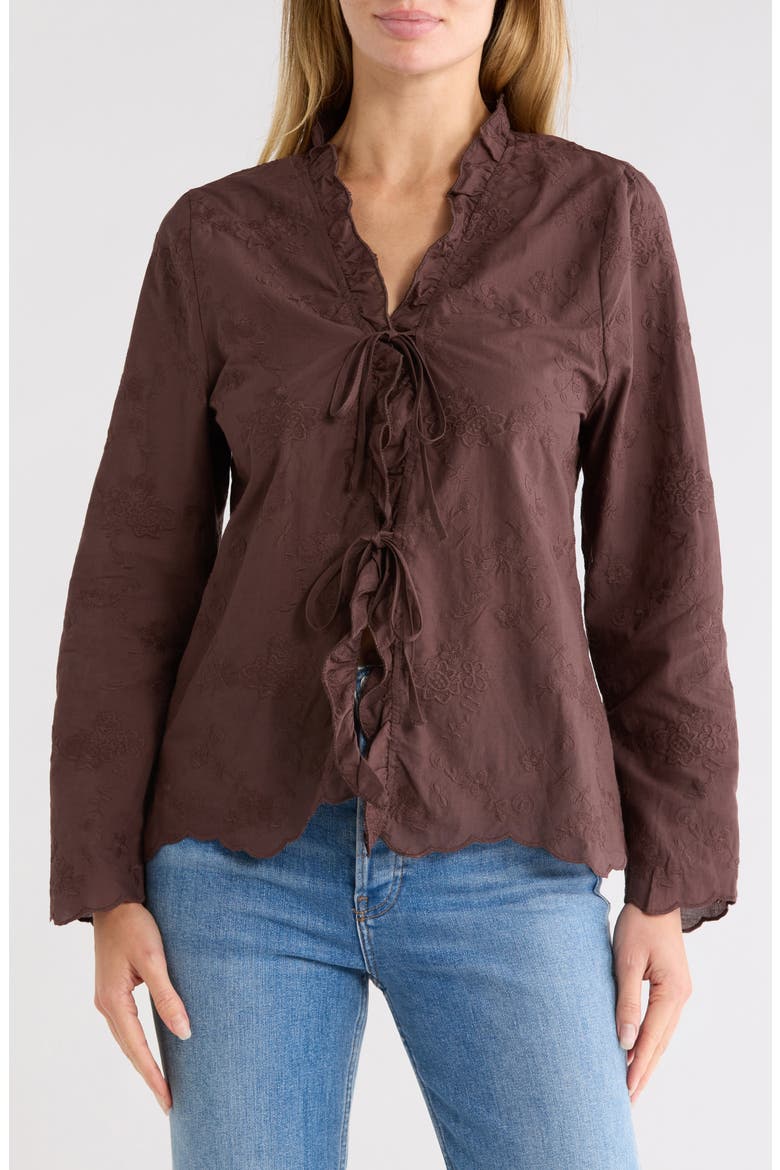 Tie Front Embroidered Cotton Shirt, Main, color, CHOCOLATE