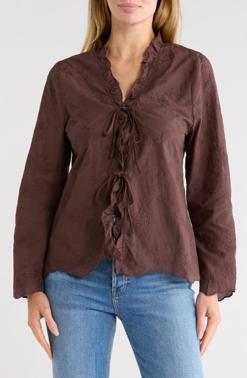 Tie Front Embroidered Cotton Shirt