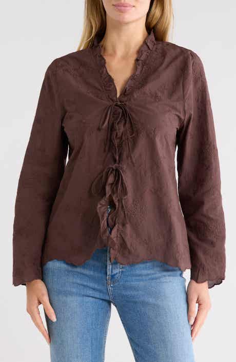 Tie Front Embroidered Cotton Shirt