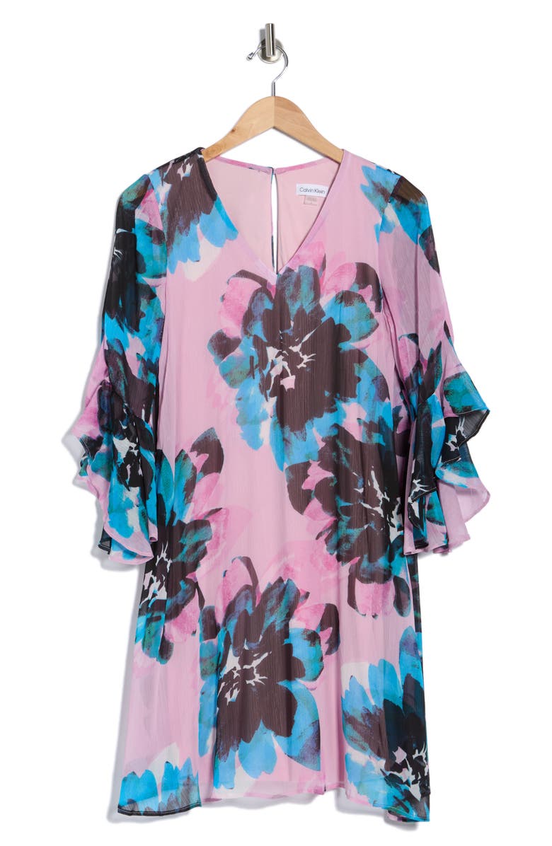 Calvin Klein Floral Print Trapeze Dress, Main, color, Frosted Mauve Multi