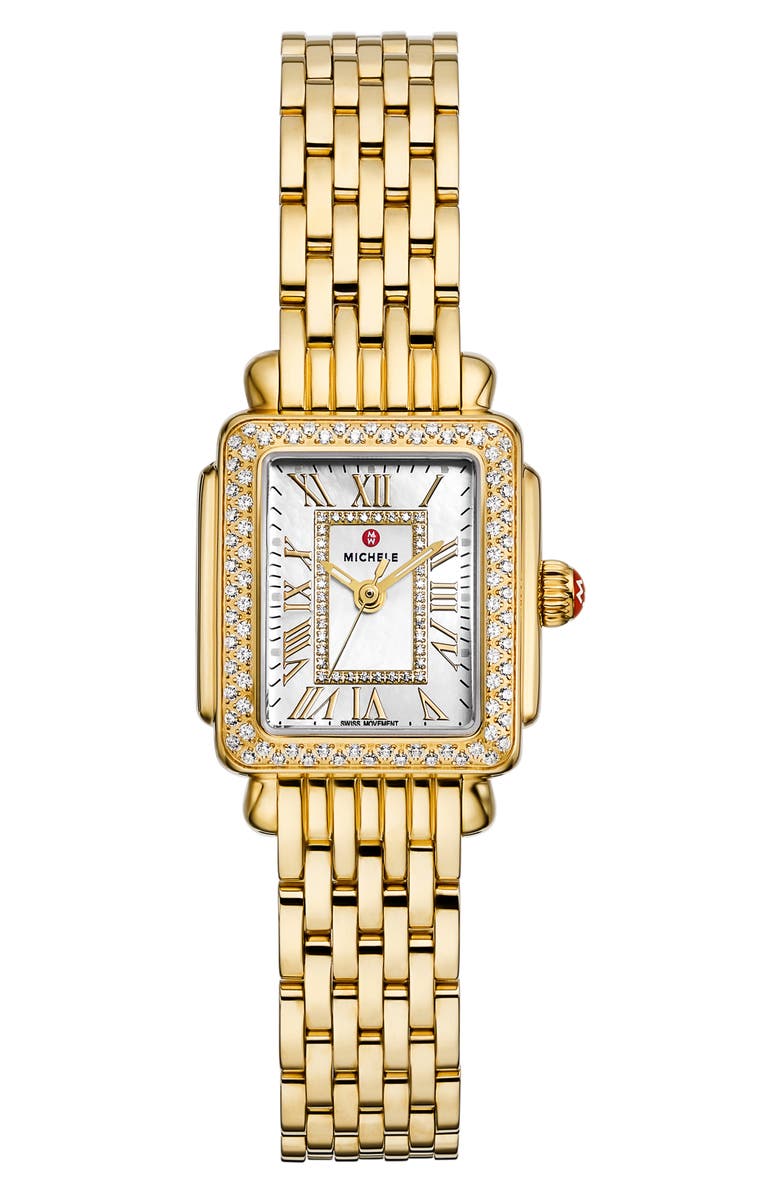 MICHELE Mini Deco Madison Two-Tone 18K Gold Plate Diamond Bracelet Watch, 23mm x 24mm, Main, color, Gold