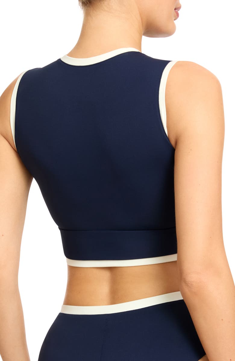 Robin Piccone Tiena Longline Knot Front Bikini Top, Alternate, color, Navy/Cream