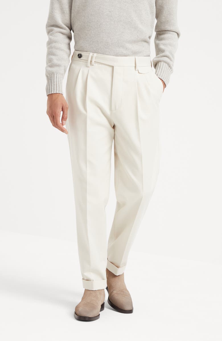 Brunello Cucinelli Cotton and virgin wool gabardine leisure fit trousers with double pleats and tabbed waistband, Alternate, color, 