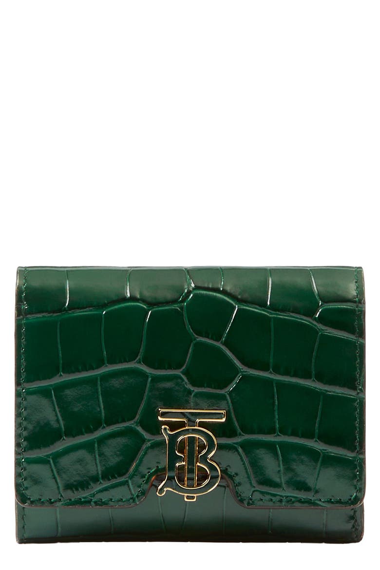 TB Monogram Trifold Leather Wallet, Main, color, DARK VIRIDIAN GREEN