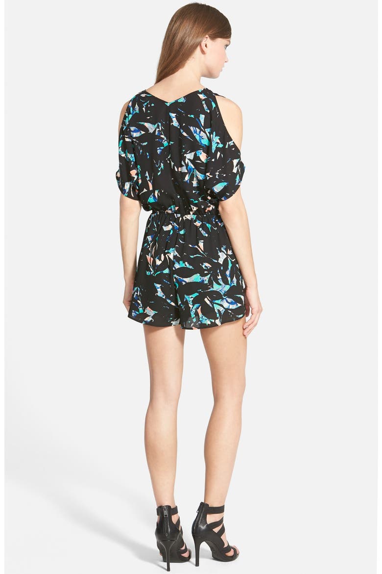 ASTR Cold Shoulder Surplice Romper, Alternate, color, BLACK