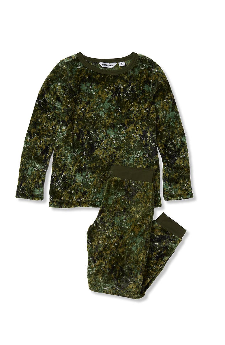 Lands' End Kids Long Sleeve Plush Fleece Pajama Set, Main, color, Green Camo Land
