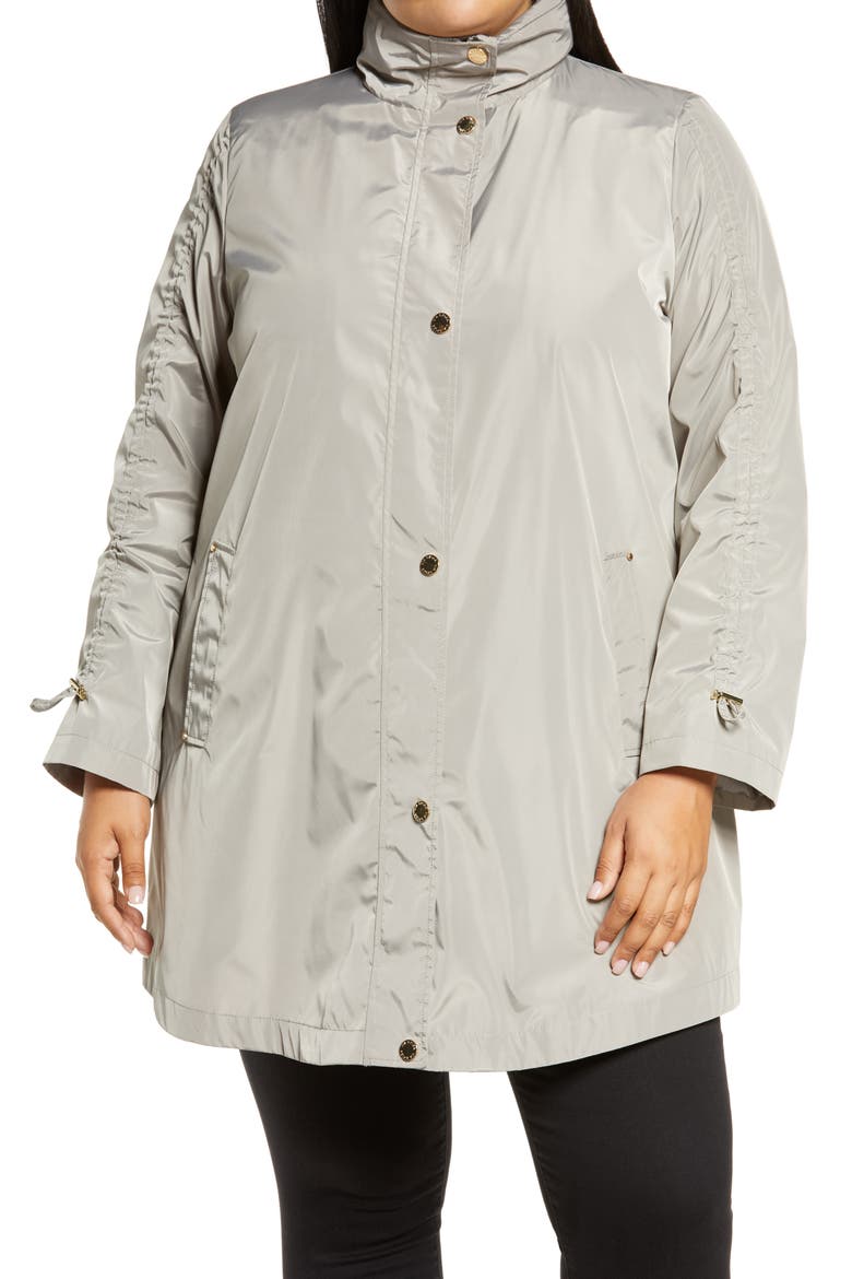 Ruched Sleeve Packable Rain Jacket, Alternate, color, TAUPE