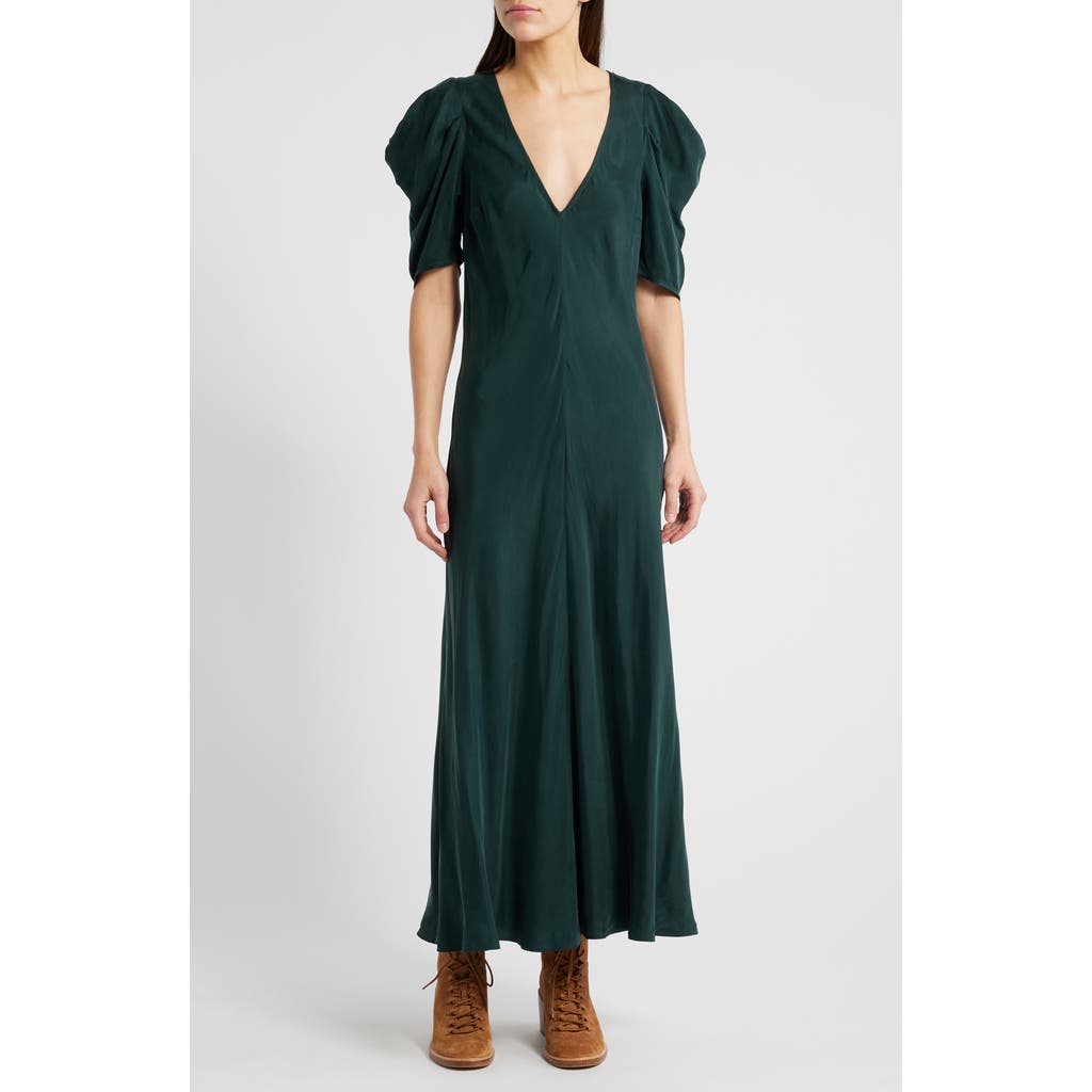 THE GREAT. The Century Puff Sleeve Dress in Winter Pine