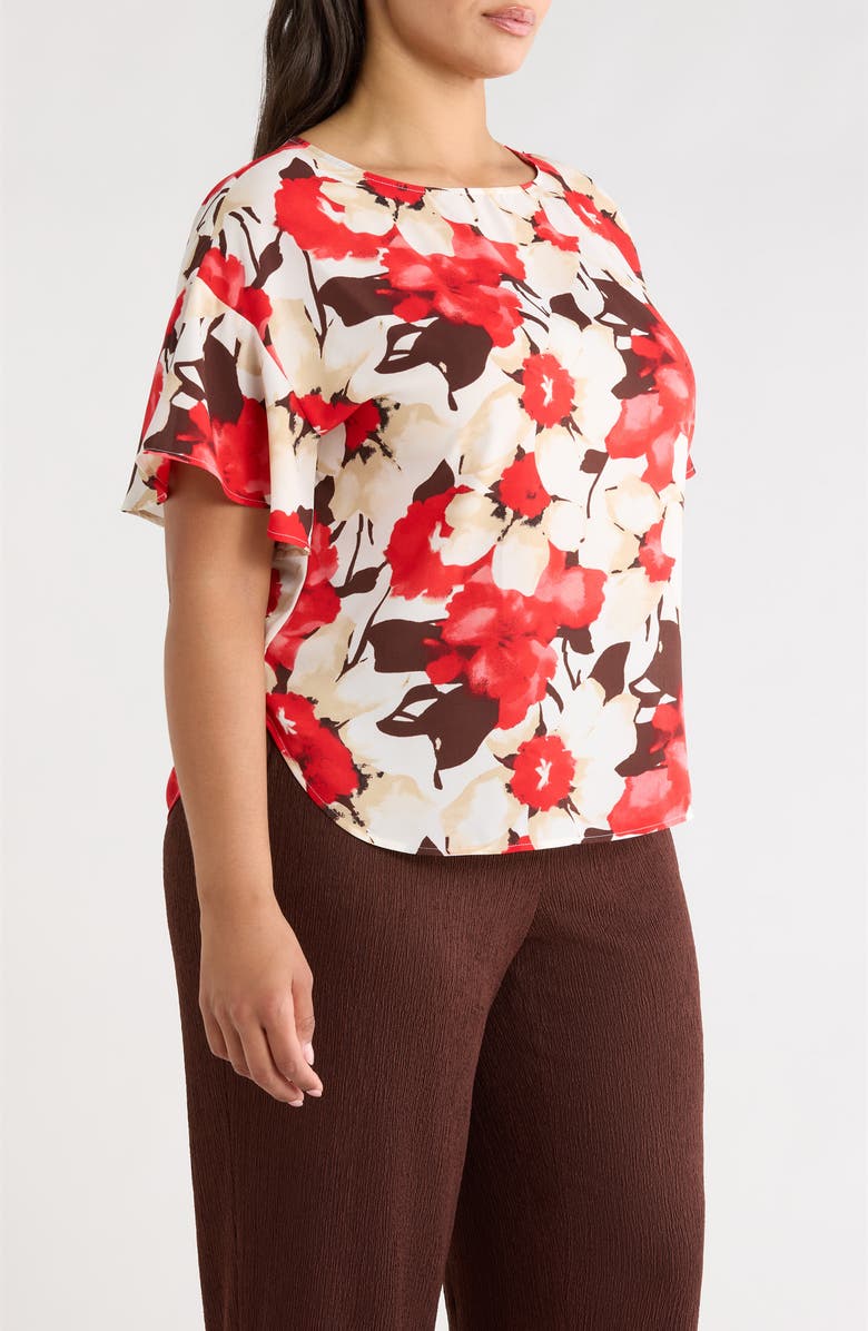 Anne Klein Floral Print Flutter Sleeve Top, Alternate, color, White Dove Multi