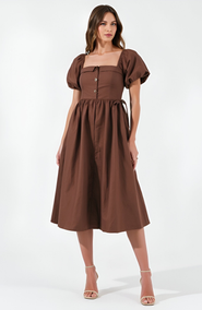 Modenaire Square Neck Puff Sleeve Midi Dress with Side Tie Ribbon and Button Front