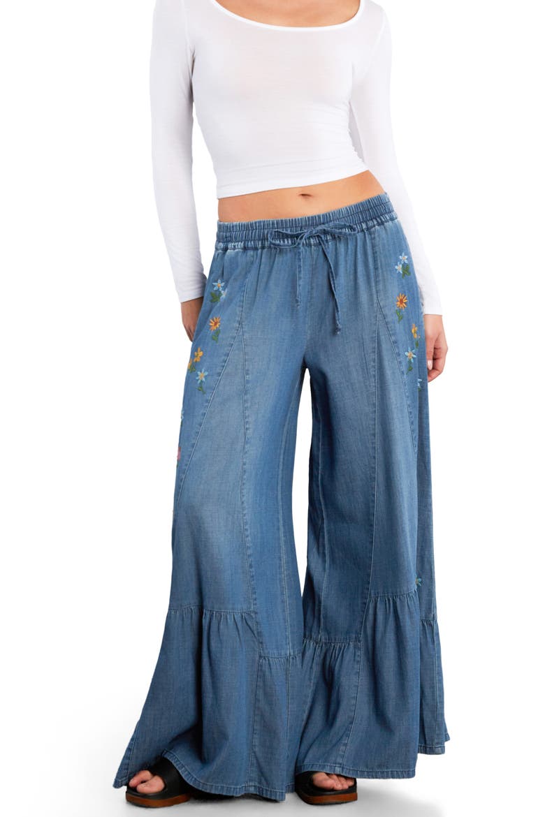 Embroidered Butterfly Drawstring Wide Leg Jeans, Alternate, color, VINTAGE DENIM