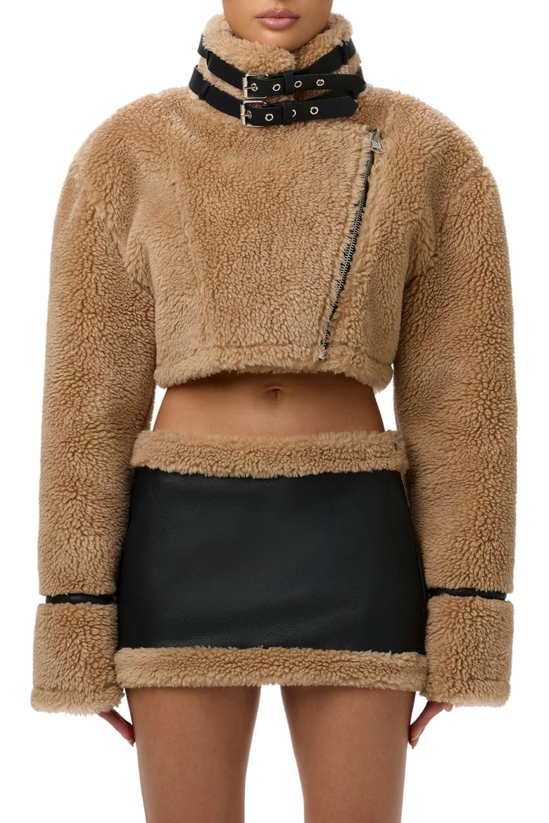 Reversible Faux Shearling Crop Moto Jacket, Main, color, BLACK/ TAN