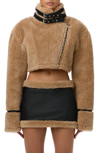 Naked Wardrobe Reversible Faux Shearling Crop Moto Jacket In Black/tan