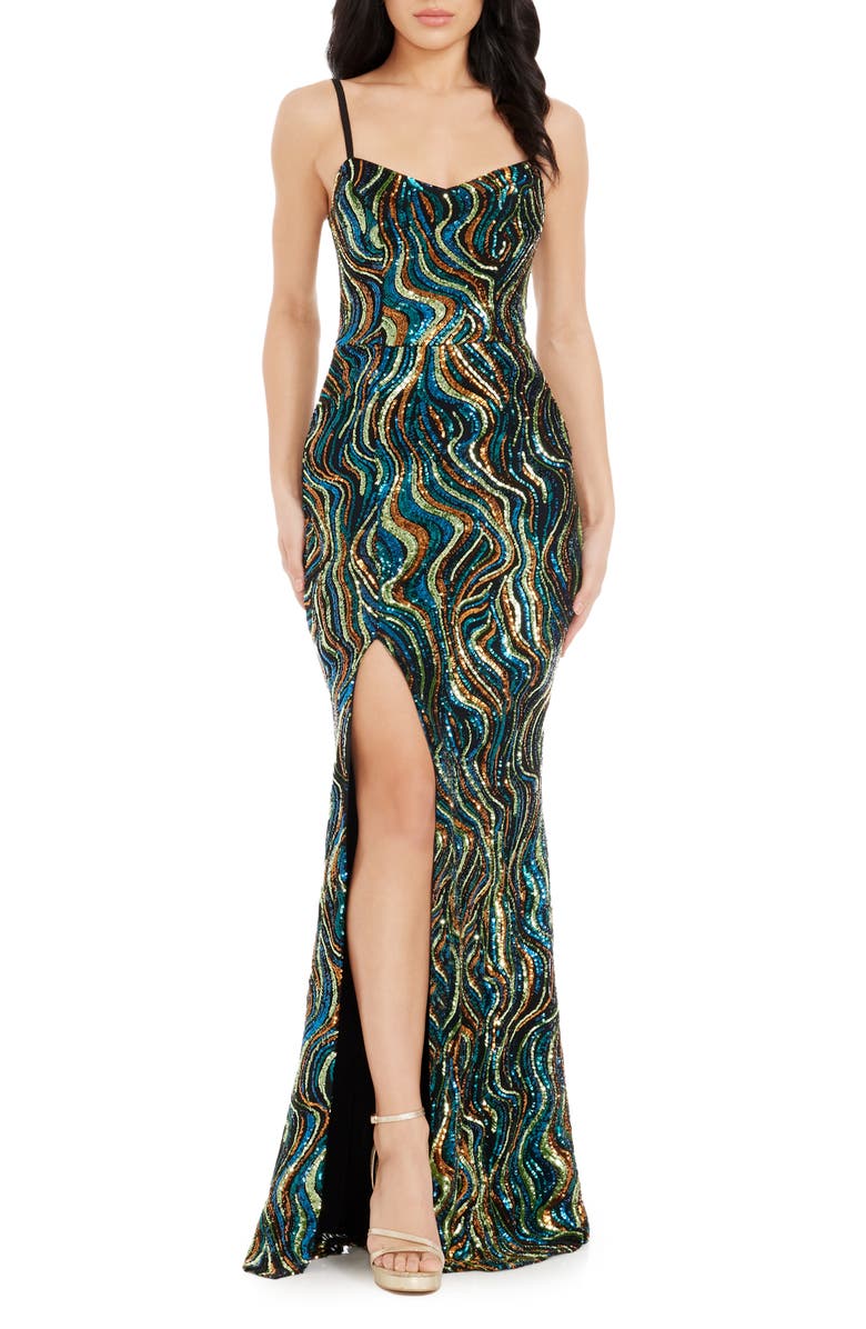 Dress the Population Tori Sequin Mermaid Gown, Main, color, Teal Multi
