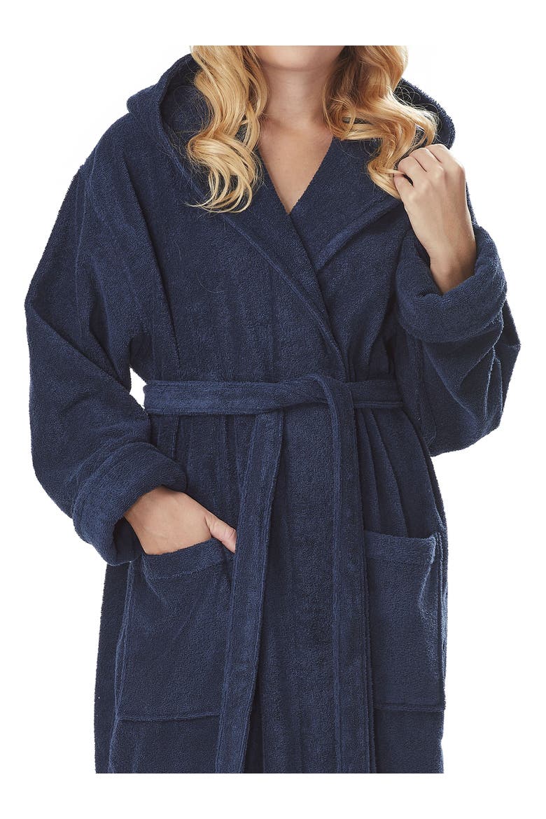 Womens GOTS Certified Oganic Cotton Long Hooded Robe, Alternate, color, Navy