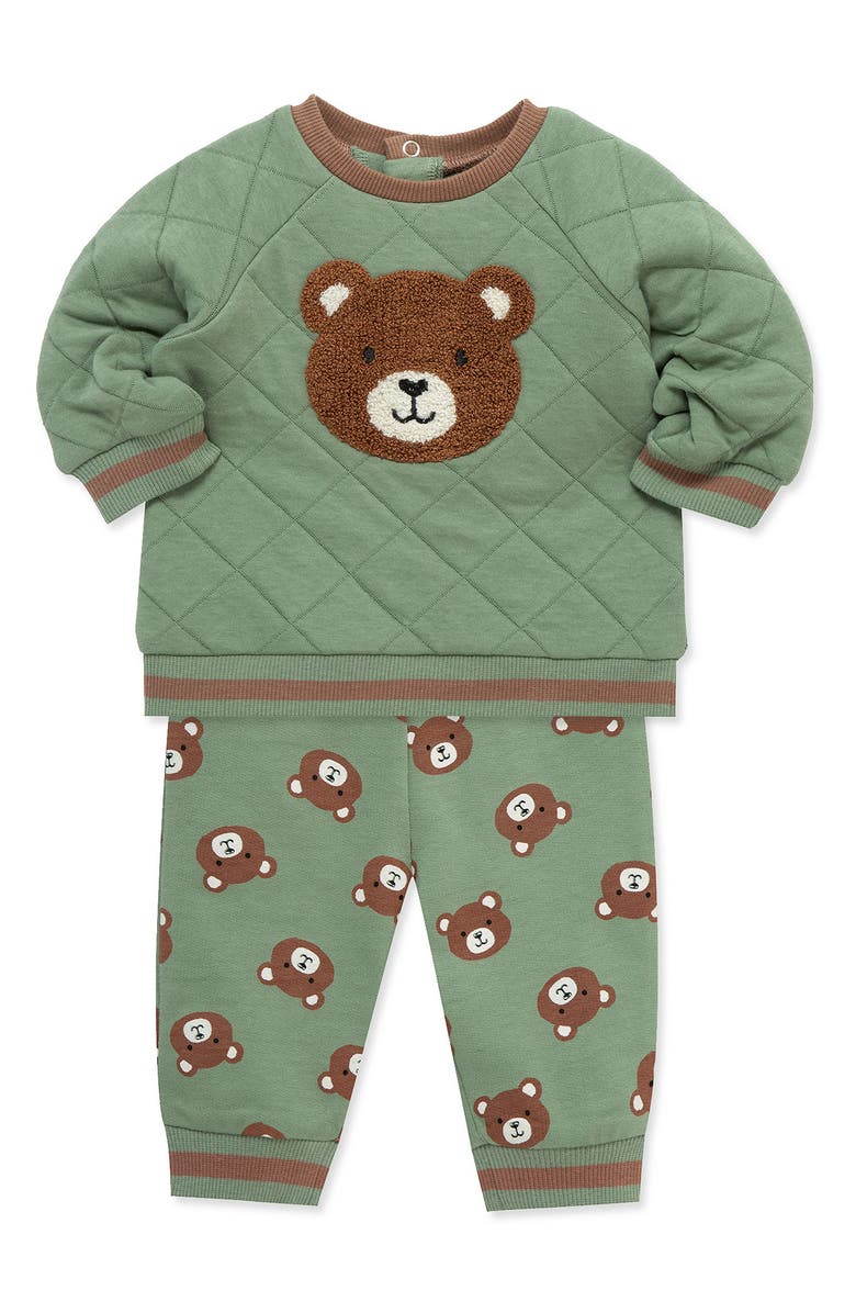 Little Me Bear Appliqué Quilted Sweatshirt & Sweatpants Set, Alternate, color, Green