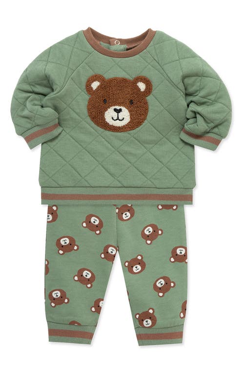 Little Me Bear Appliqué Quilted Sweatshirt & Sweatpants Set In Green