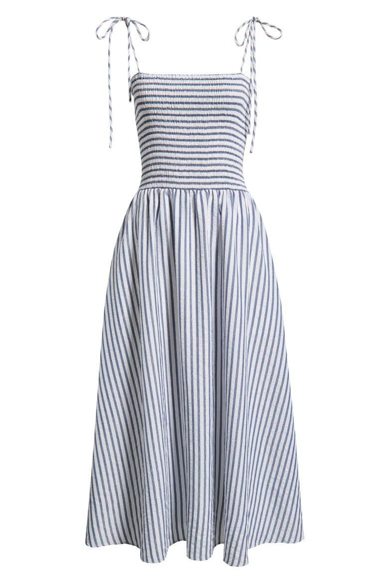 Tie Shoulder Smocked Midi Dress, Alternate, color, NAVY WHITE