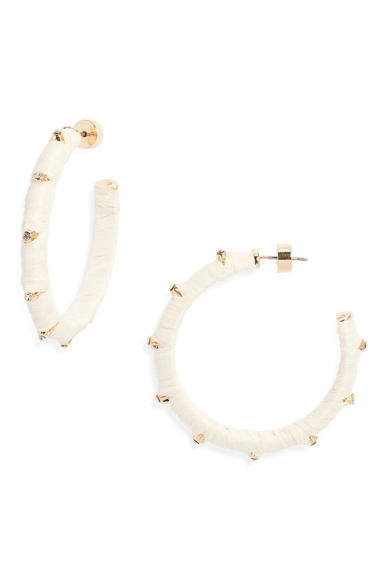Crystal Accent Raffia Wrapped Hoop Earrings, Main, color, IVORY- CLEAR- GOLD
