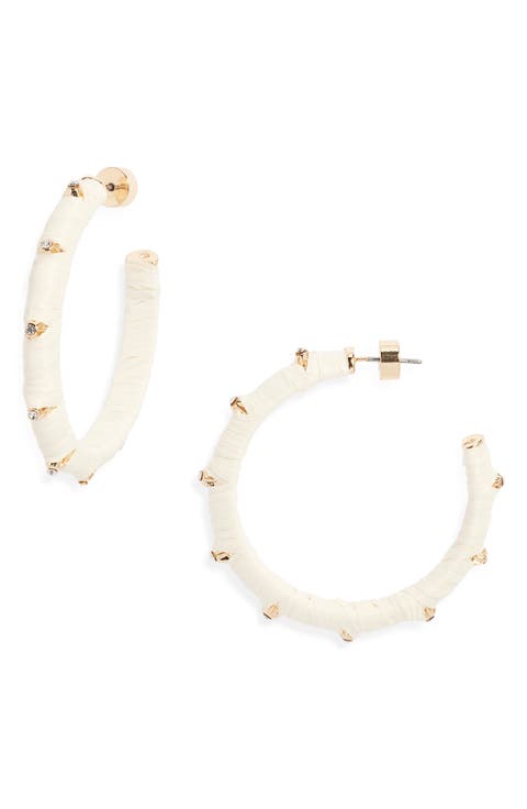 Crystal Accent Raffia Wrapped Hoop Earrings