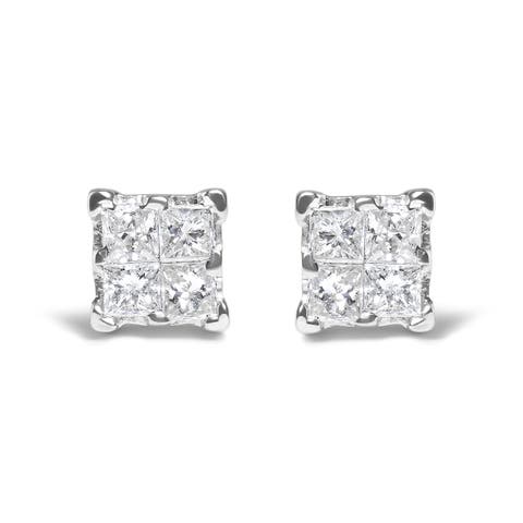 Silver 1/4 Ct Invisible Princess Diamond Composite Quad Stud Earrings