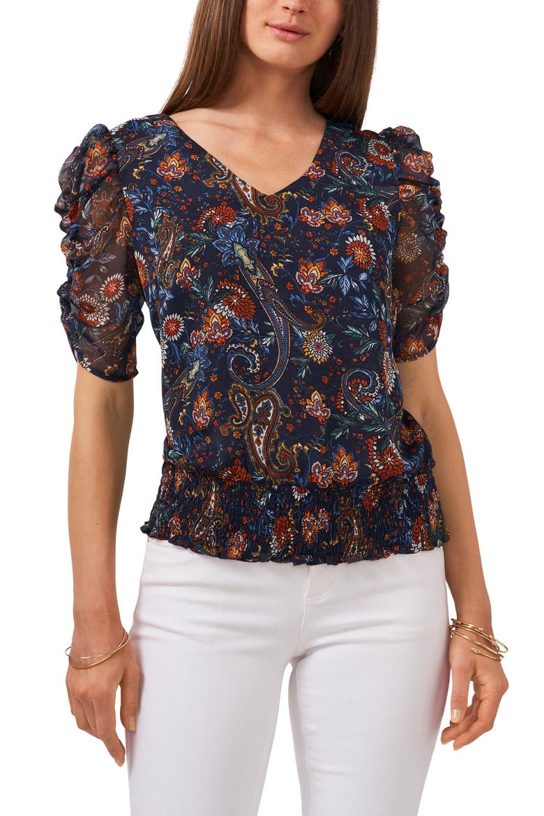 Ruched Sleeve Print Blouse, Main, color, NAVY/ RUST