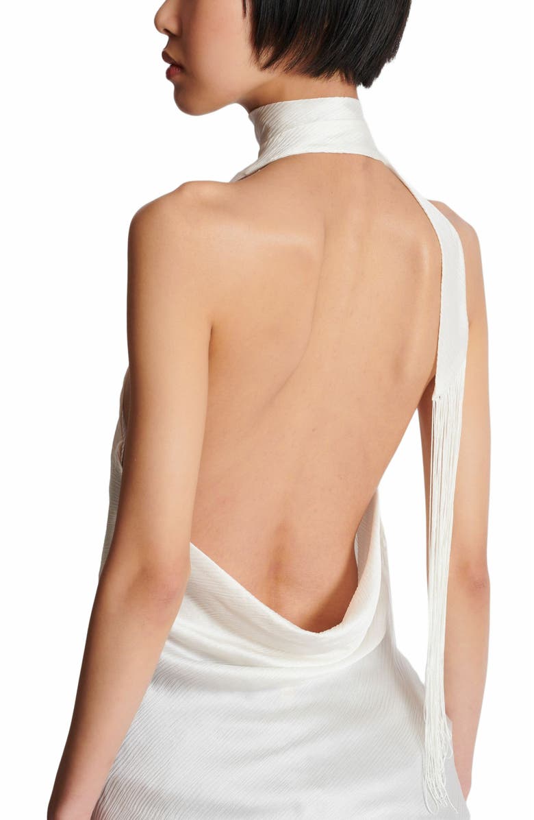 Balmain Backless Fringed Satin Top, Alternate, color, White