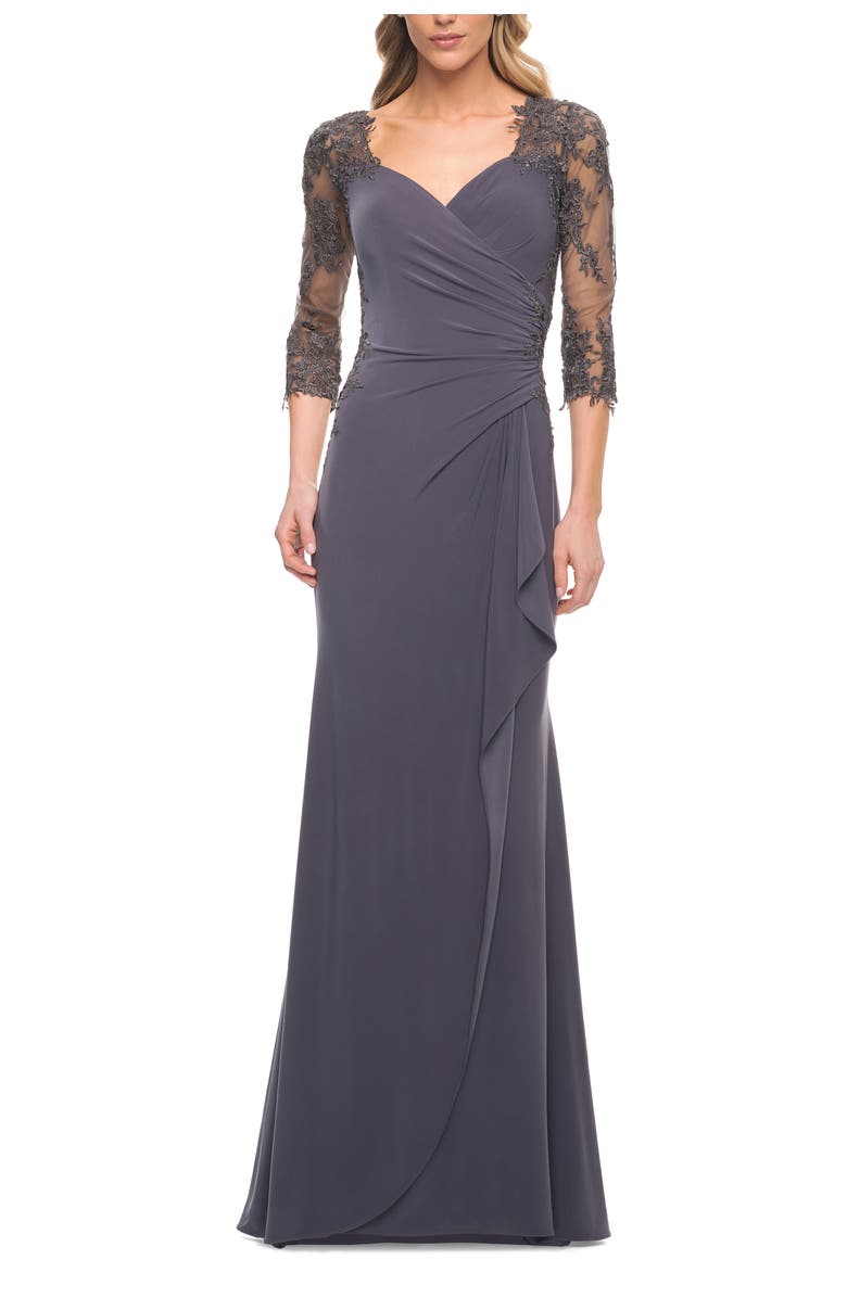 La Femme Lace and Net Jersey Gown with Illusion Sleeves, Main, color, Gunmetal