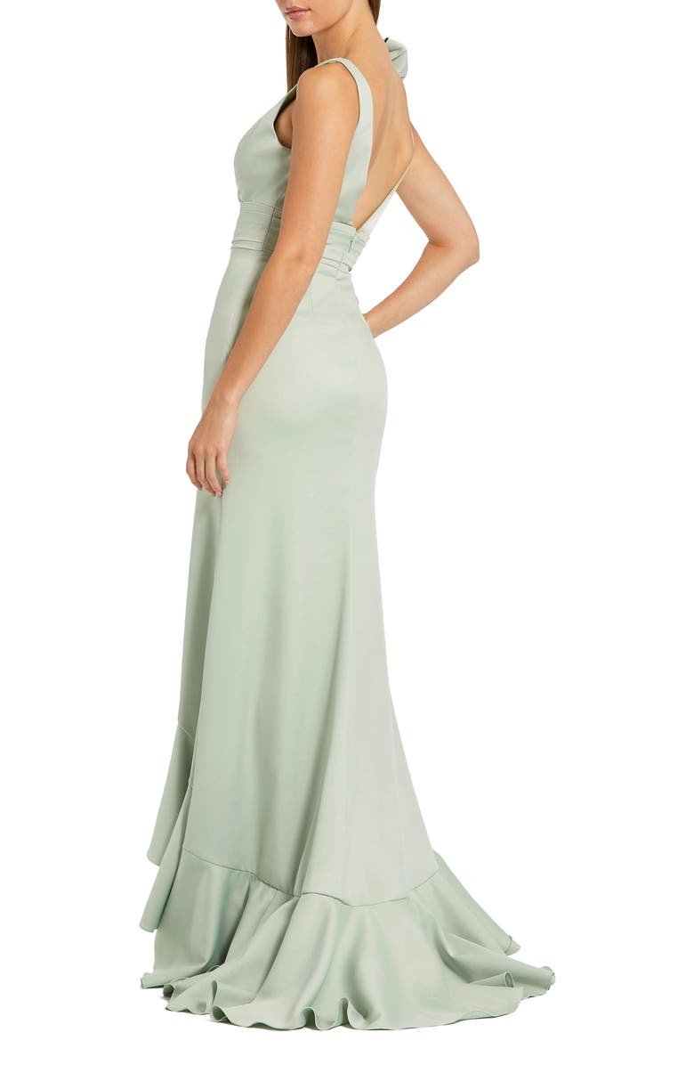 Mac Duggal Crepe Sleeveless Ruffled V-Neck Gown With Bow, Alternate, color, Sage