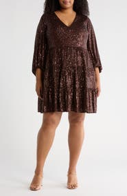 Eliza J Balloon Sleeve Tiered Sequin Trapeze Dress