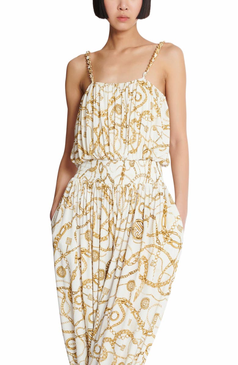 Balmain Flowing Printed Jumpsuit With Balmain Chains Pattern, Alternate, color, Gold