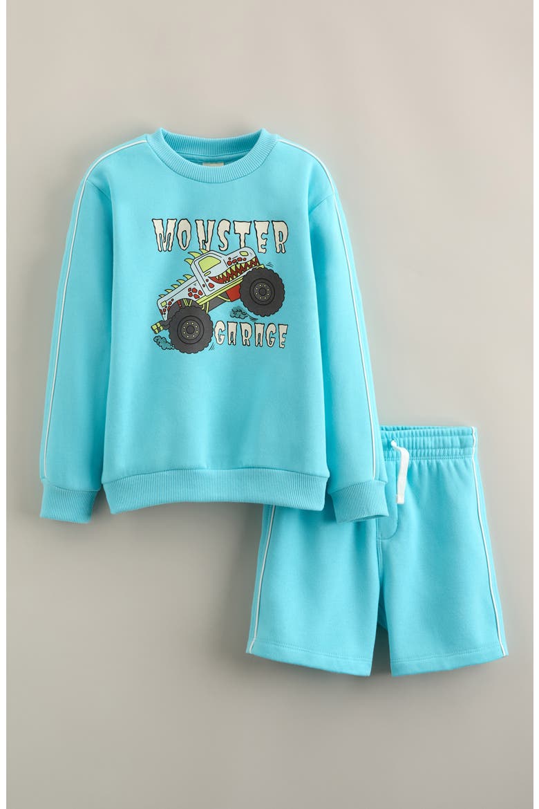 Kids' Piped Graphic Sweatshirt & Shorts Set, Main, color, BLUE BROOK MONSTER GARAGE