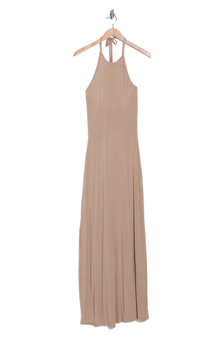 Fitted Maxi Halter Dress, Alternate, color, ALMOND PONTE