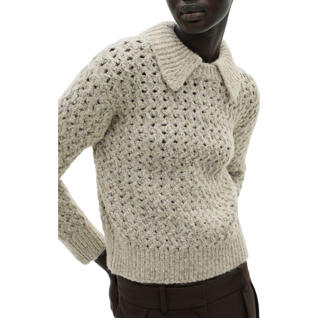 Shop Mango Open Stitch Polo Sweater In Sand