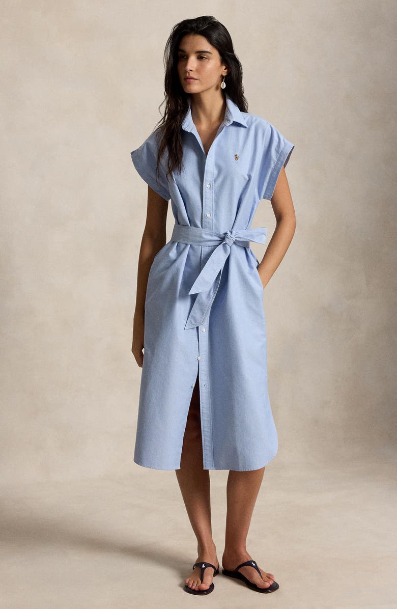 Polo Ralph Lauren Belted Cotton Midi Oxford Shirtdress, Alternate, color, Blue