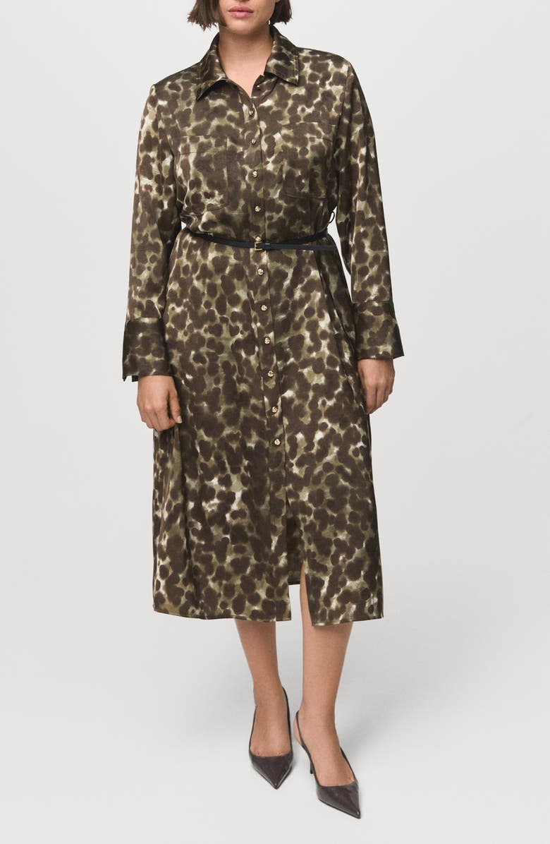 MANGO Print Belted Long Sleeve Maxi Shirtdress, Main, color, Khaki