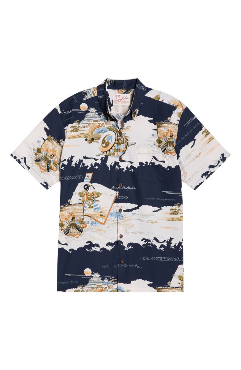 Kahala Hajime Print Short Sleeve Cotton Button-Down Shirt, Alternate, color, Navy