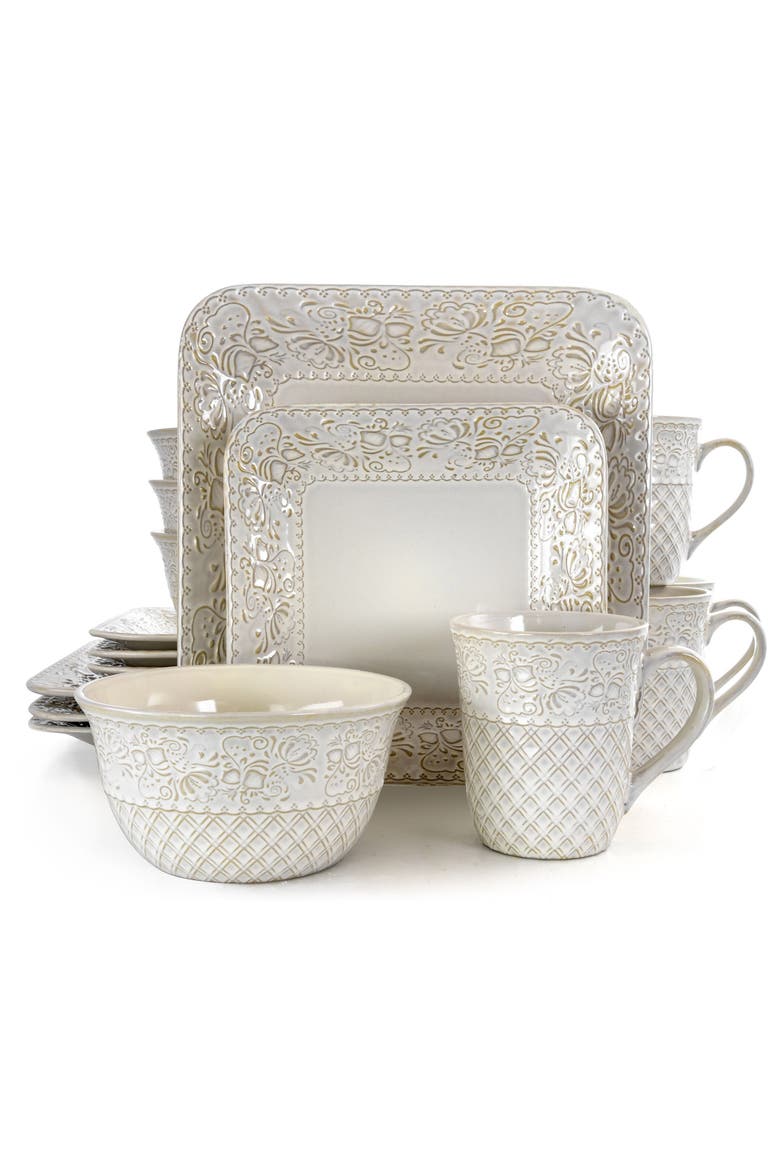 Ivory Lotus 16 Piece Square Dinnerware Set, Alternate, color, White