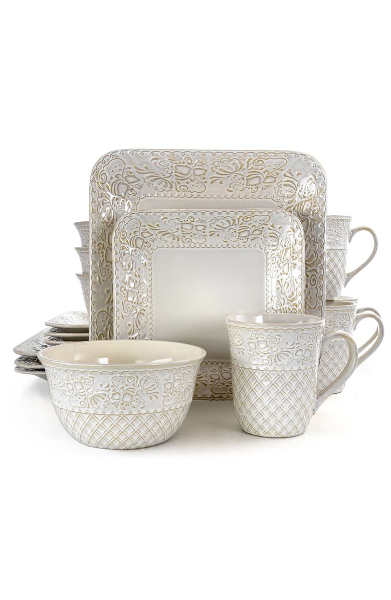 Elama Ivory Lotus 16 Piece Square Dinnerware Set, Alternate, color, White