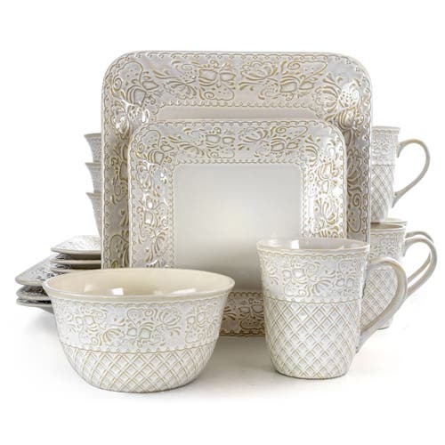 Elama Ivory Lotus 16-pc. Stoneware Dinnerware Set In White