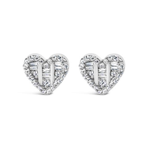 Silver 1/2 Cttw Round and Baguette Diamond Composite Heart Shaped Stud Earring
