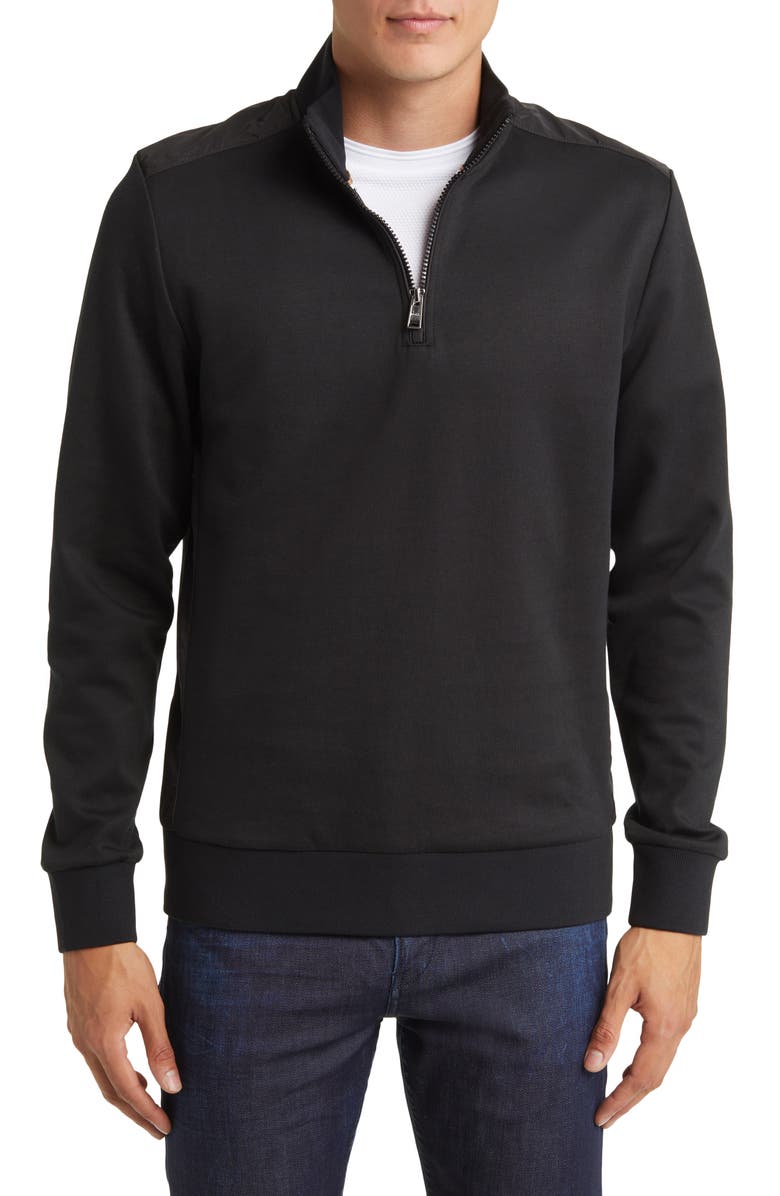 BOSS Sidney Half Zip Cotton Blend Pullover, Main, color, Black