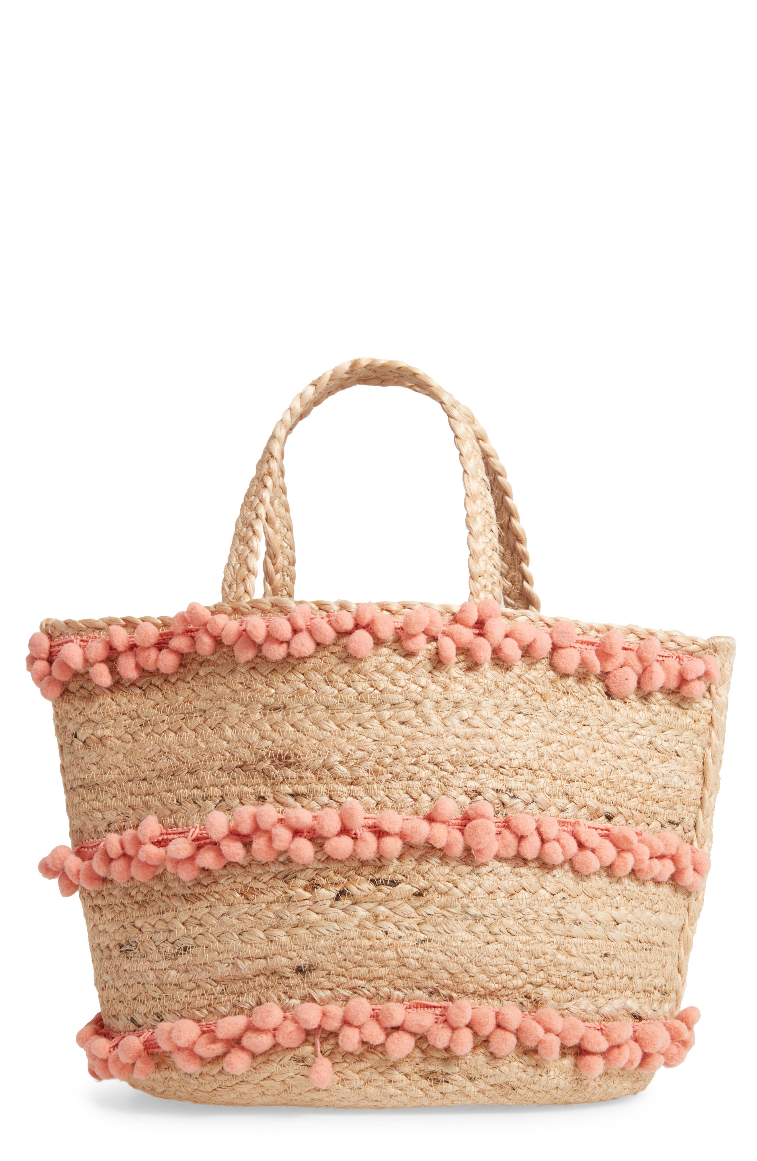 Shiraleah Aubrey Small Pompom Jute Tote, Main, color, 