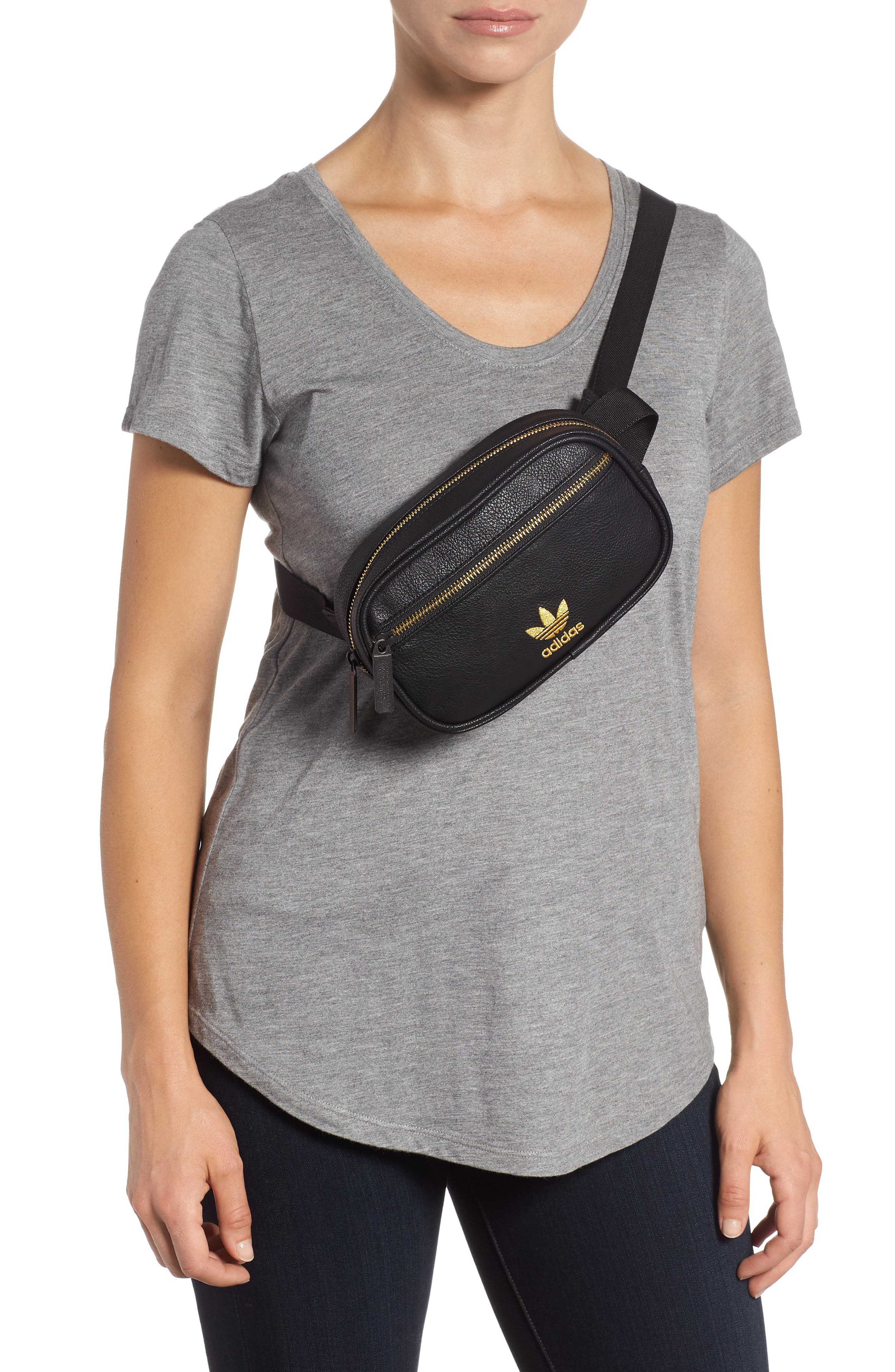 adidas Ori Faux Leather Fanny Pack, Alternate, color, BLACK