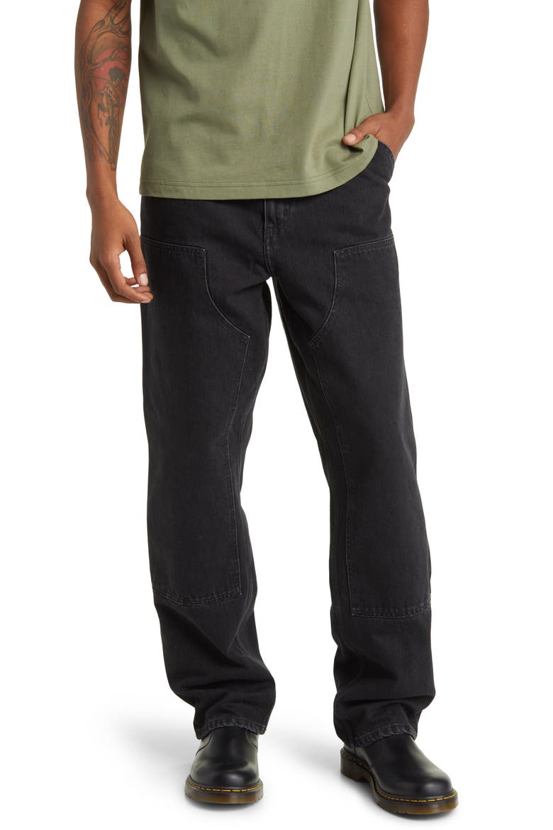 Double Knee Work Jeans, Main, color, BLACK STONE WASHED