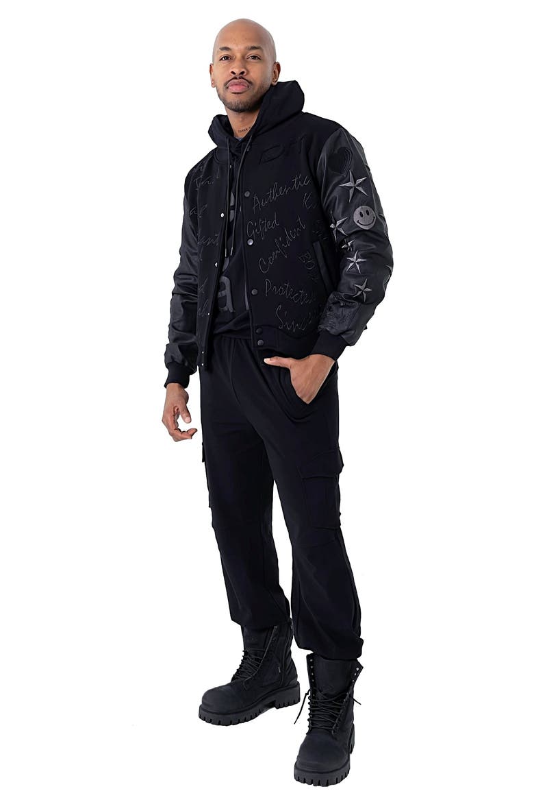 Men's Affirmation Letterman Jacket, Alternate, color, Black