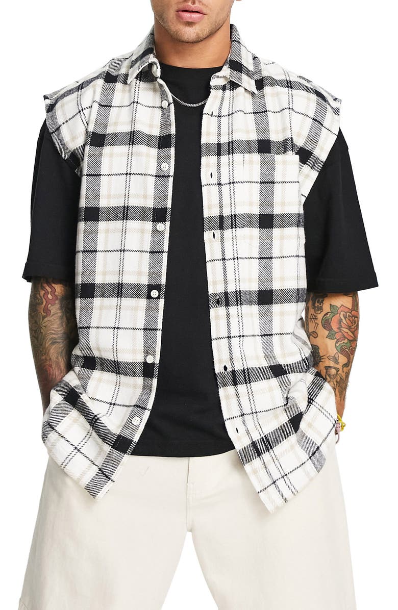 Topman Plaid Sleeveless Flannel Button-Up Shirt, Main, color, 