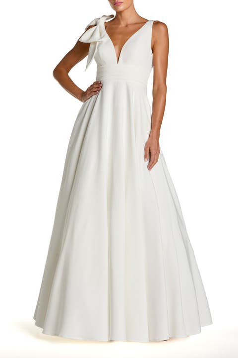 Sleeveless Plunge Neck Ball Gown With Bow Detail